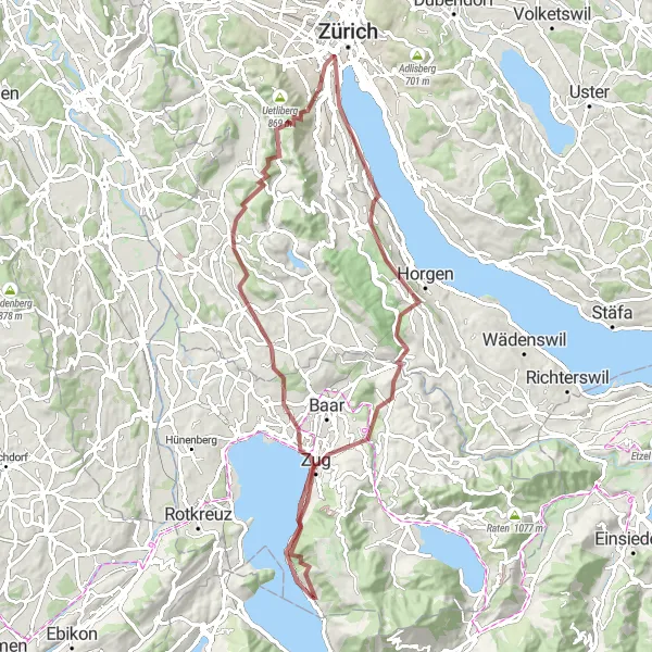 Map miniature of "Zug and Zurich Exploration" cycling inspiration in Zentralschweiz, Switzerland. Generated by Tarmacs.app cycling route planner