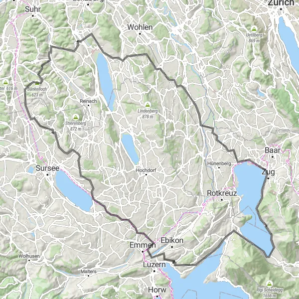 Kartminiatyr av "Küssnacht til Zug Lang Rundtur" sykkelinspirasjon i Zentralschweiz, Switzerland. Generert av Tarmacs.app sykkelrutoplanlegger