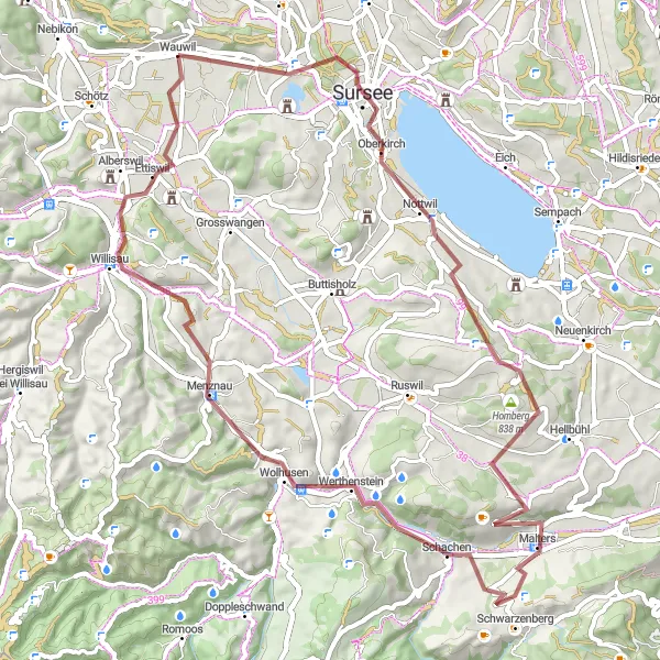 Zemljevid v pomanjšavi "Gravel kolesarska pot Nottwil-Homberg-Malters-Menznau-Willisau-Wauwil" kolesarske inspiracije v Zentralschweiz, Switzerland. Generirano z načrtovalcem kolesarskih poti Tarmacs.app