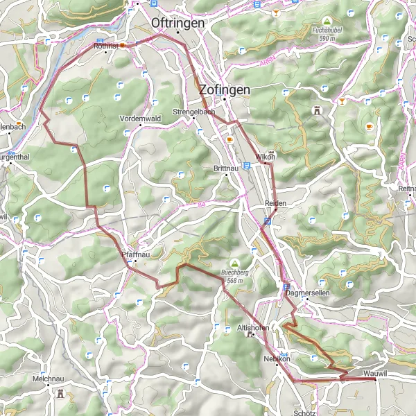 Miniatua del mapa de inspiración ciclista "Ruta ciclista en gravilla desde Wauwil" en Zentralschweiz, Switzerland. Generado por Tarmacs.app planificador de rutas ciclistas