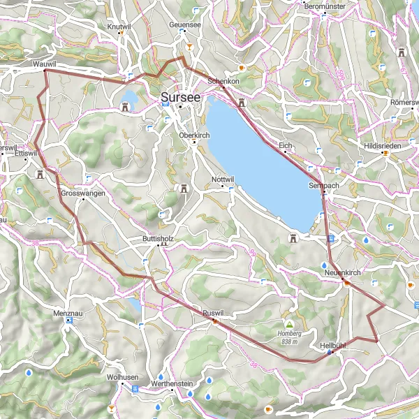 Kartminiatyr av "Lake Sempach til Ettiswil Gravel Cycling Route" sykkelinspirasjon i Zentralschweiz, Switzerland. Generert av Tarmacs.app sykkelrutoplanlegger