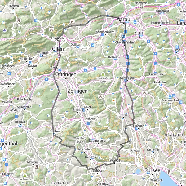 Miniaturní mapa "Okolí Wauwil - Schötz - Aarburg - Hungerberg - Aarau - Buechlisberg - Moosleerau - Buchs LU" inspirace pro cyklisty v oblasti Zentralschweiz, Switzerland. Vytvořeno pomocí plánovače tras Tarmacs.app