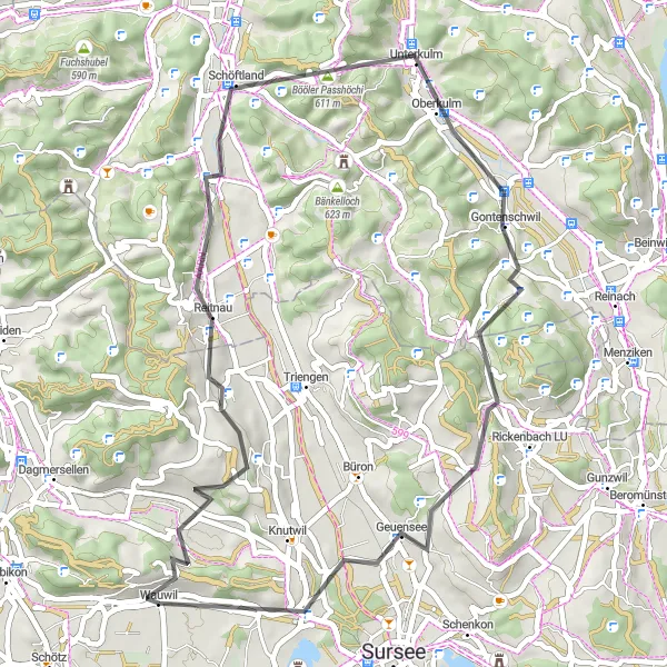 Miniaturní mapa "Okruh kolem Wauwil - Attelwil - Schöftland - Bööler Passhöchi - Geuensee - Kaltbach" inspirace pro cyklisty v oblasti Zentralschweiz, Switzerland. Vytvořeno pomocí plánovače tras Tarmacs.app