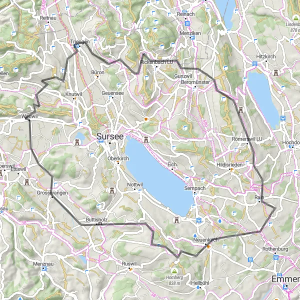 Mapa miniatúra "Road bike ride cez Kanton Luzern" cyklistická inšpirácia v Zentralschweiz, Switzerland. Vygenerované cyklistickým plánovačom trás Tarmacs.app