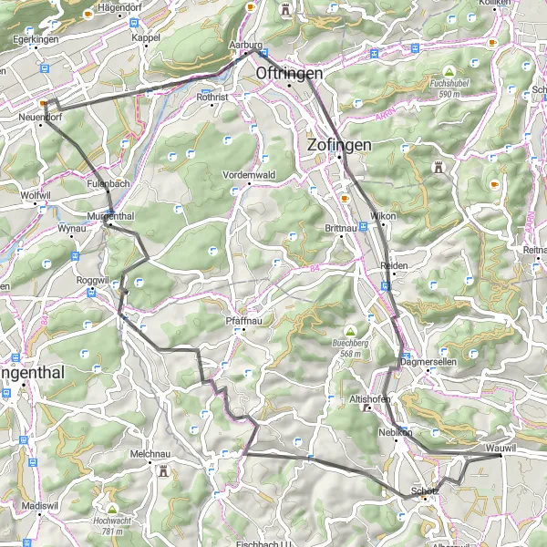 Karttaminiaatyyri "Aarburgin linna ja Zofingenin kylä" pyöräilyinspiraatiosta alueella Zentralschweiz, Switzerland. Luotu Tarmacs.app pyöräilyreittisuunnittelijalla
