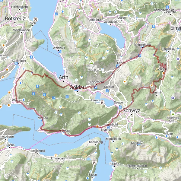 Miniaturní mapa "Gravel route around Weggis" inspirace pro cyklisty v oblasti Zentralschweiz, Switzerland. Vytvořeno pomocí plánovače tras Tarmacs.app