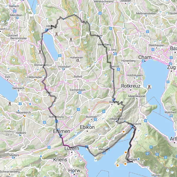 Miniatura della mappa di ispirazione al ciclismo "Cicloturismo tra Merlischachen e Michaelskreuz" nella regione di Zentralschweiz, Switzerland. Generata da Tarmacs.app, pianificatore di rotte ciclistiche