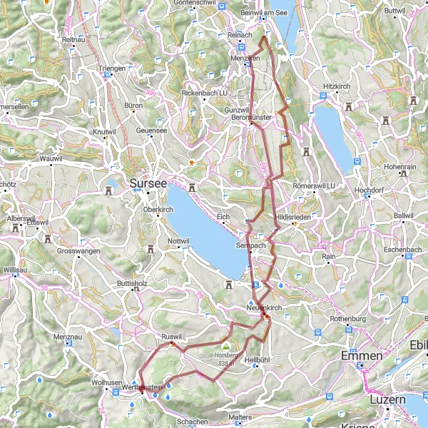 Miniatura della mappa di ispirazione al ciclismo "Esplorazione dei villaggi e dei luoghi sacri" nella regione di Zentralschweiz, Switzerland. Generata da Tarmacs.app, pianificatore di rotte ciclistiche
