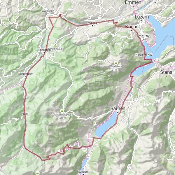 Miniatura della mappa di ispirazione al ciclismo "Avventura tra le montagne e i laghi" nella regione di Zentralschweiz, Switzerland. Generata da Tarmacs.app, pianificatore di rotte ciclistiche
