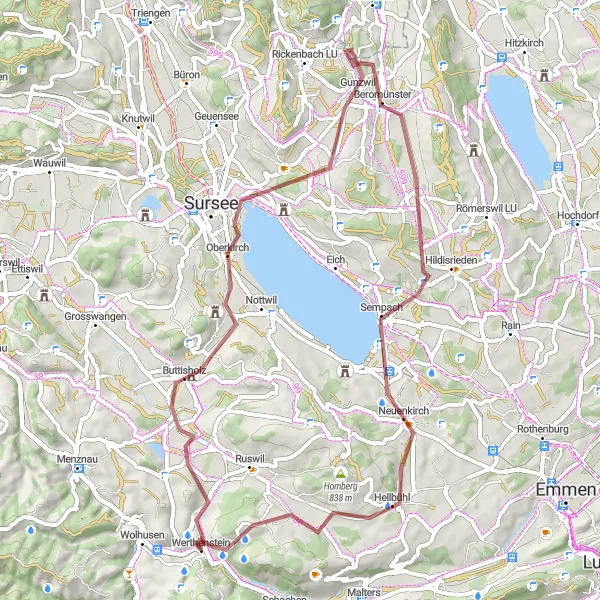 Miniatura della mappa di ispirazione al ciclismo "Esplorazione delle colline e dei villaggi" nella regione di Zentralschweiz, Switzerland. Generata da Tarmacs.app, pianificatore di rotte ciclistiche