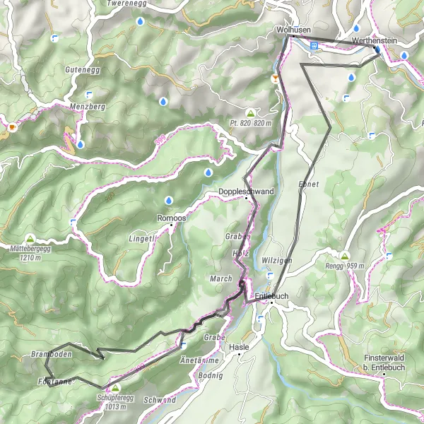 Miniatura della mappa di ispirazione al ciclismo "Giro in bicicletta da Werthenstein a Wolhusen" nella regione di Zentralschweiz, Switzerland. Generata da Tarmacs.app, pianificatore di rotte ciclistiche