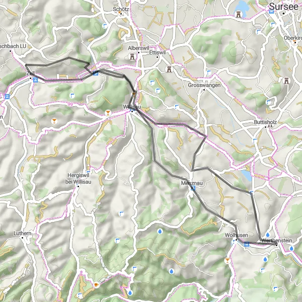 Miniatura della mappa di ispirazione al ciclismo "Giro panoramico su strada" nella regione di Zentralschweiz, Switzerland. Generata da Tarmacs.app, pianificatore di rotte ciclistiche