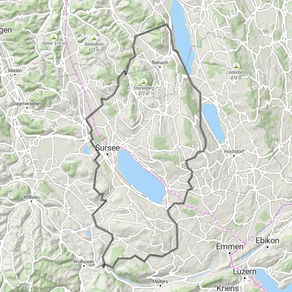 Kartminiatyr av "Gormund Road Loop" sykkelinspirasjon i Zentralschweiz, Switzerland. Generert av Tarmacs.app sykkelrutoplanlegger