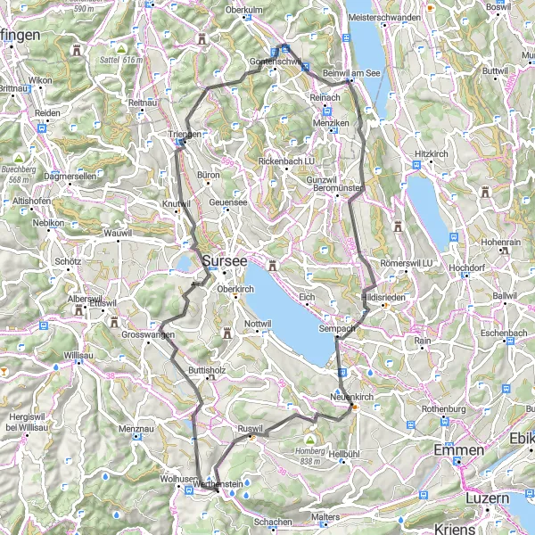 Miniatura della mappa di ispirazione al ciclismo "Rotta ciclabile da Werthenstein a Sempach" nella regione di Zentralschweiz, Switzerland. Generata da Tarmacs.app, pianificatore di rotte ciclistiche