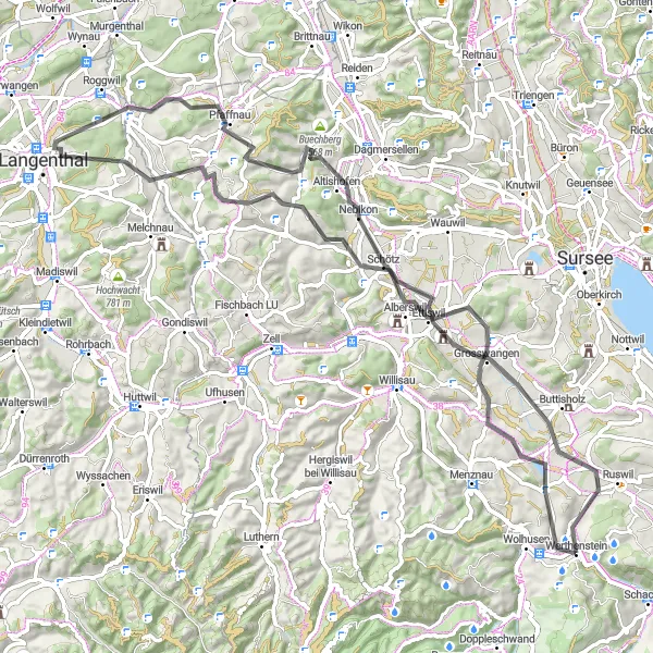 Mapa miniatúra "Cyklovýlet po okolí Langenthal" cyklistická inšpirácia v Zentralschweiz, Switzerland. Vygenerované cyklistickým plánovačom trás Tarmacs.app