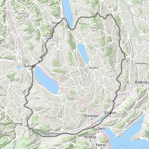 Miniatura della mappa di ispirazione al ciclismo "Giro in bicicletta da Werthenstein attraverso Sursee, Aesch LU e Muri" nella regione di Zentralschweiz, Switzerland. Generata da Tarmacs.app, pianificatore di rotte ciclistiche