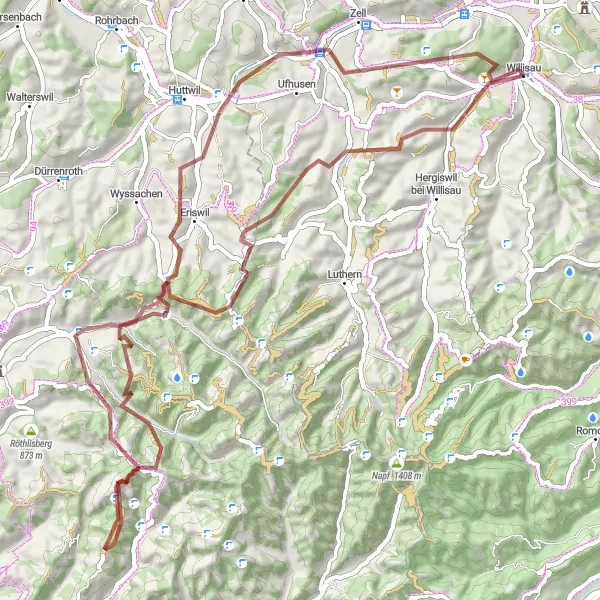 Miniatua del mapa de inspiración ciclista "Escap ada rural desde Willisau a Lüderenalp" en Zentralschweiz, Switzerland. Generado por Tarmacs.app planificador de rutas ciclistas