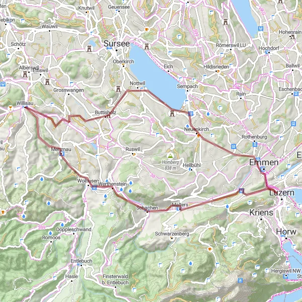 Zemljevid v pomanjšavi "Scenic Gravel Route near Willisau" kolesarske inspiracije v Zentralschweiz, Switzerland. Generirano z načrtovalcem kolesarskih poti Tarmacs.app