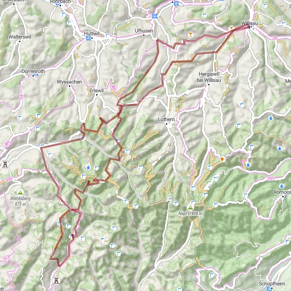 Karttaminiaatyyri "Vuoristoisten maisemien seikkailu gravel-poluilla" pyöräilyinspiraatiosta alueella Zentralschweiz, Switzerland. Luotu Tarmacs.app pyöräilyreittisuunnittelijalla