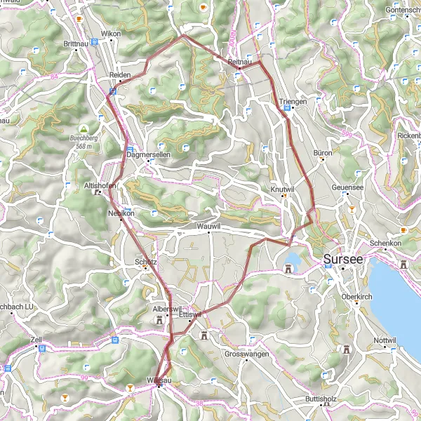 Miniatua del mapa de inspiración ciclista "Ruta de Grava a Altishofen y Ettiswil" en Zentralschweiz, Switzerland. Generado por Tarmacs.app planificador de rutas ciclistas