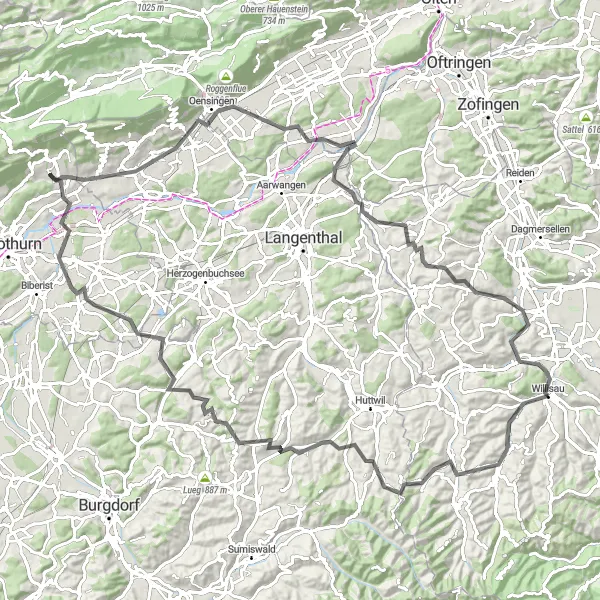 Karten-Miniaturansicht der Radinspiration "Ländliche Idylle und bergige Höhen um Willisau" in Zentralschweiz, Switzerland. Erstellt vom Tarmacs.app-Routenplaner für Radtouren