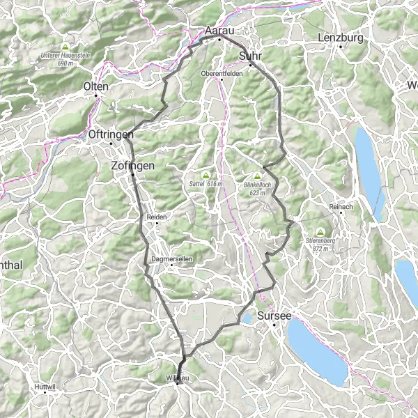 Map miniature of "Nebikon Loop" cycling inspiration in Zentralschweiz, Switzerland. Generated by Tarmacs.app cycling route planner