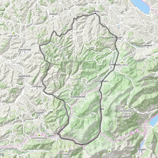 Miniatua del mapa de inspiración ciclista "Ruta de ciclismo de carretera Willisau - Landvogteischloss" en Zentralschweiz, Switzerland. Generado por Tarmacs.app planificador de rutas ciclistas