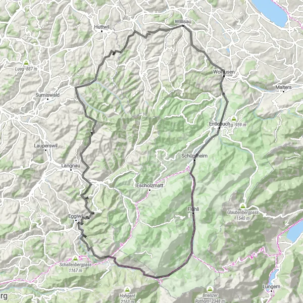 Karttaminiaatyyri "Road Willisau - Wolhusen - Flühli - Achs - Bumbach - Burenhübeli - Eggiwil - Bärau - Chrüzhöchi - Rislauhoger - Eriswil - Ufhusen - Salberig" pyöräilyinspiraatiosta alueella Zentralschweiz, Switzerland. Luotu Tarmacs.app pyöräilyreittisuunnittelijalla