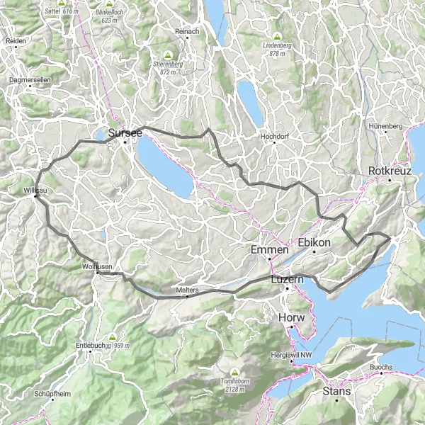Miniaturní mapa "Okružní cyklotrasa z Willisau" inspirace pro cyklisty v oblasti Zentralschweiz, Switzerland. Vytvořeno pomocí plánovače tras Tarmacs.app