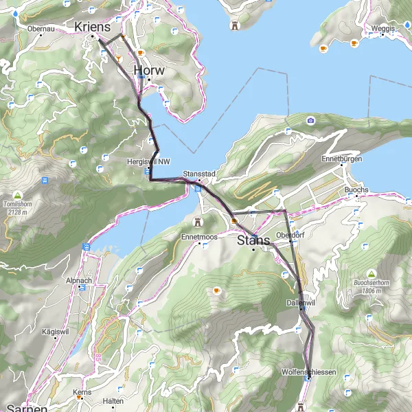 Kartminiatyr av "Kort och mångsidig cykeltur genom vackra omgivningar" cykelinspiration i Zentralschweiz, Switzerland. Genererad av Tarmacs.app cykelruttplanerare
