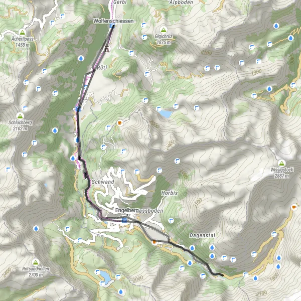 Miniatua del mapa de inspiración ciclista "Ruta en Carretera a Engelberg" en Zentralschweiz, Switzerland. Generado por Tarmacs.app planificador de rutas ciclistas