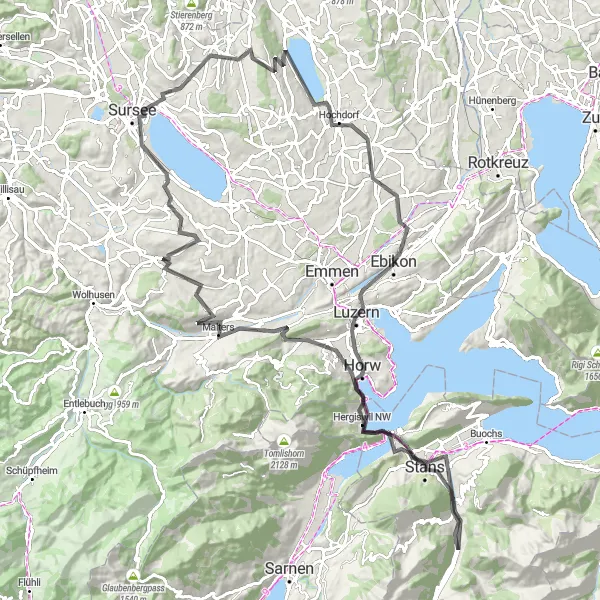 Miniatura della mappa di ispirazione al ciclismo "Esplorazione ciclistica da Lucerna a Dallenwil" nella regione di Zentralschweiz, Switzerland. Generata da Tarmacs.app, pianificatore di rotte ciclistiche