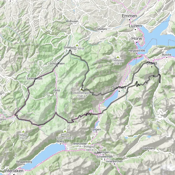 Miniatura della mappa di ispirazione al ciclismo "Giro in bicicletta da Wolfenschiessen" nella regione di Zentralschweiz, Switzerland. Generata da Tarmacs.app, pianificatore di rotte ciclistiche