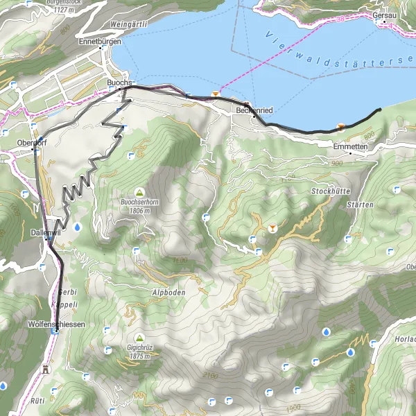 Miniatua del mapa de inspiración ciclista "Ruta en Carretera Beckenried-Stärtenegg" en Zentralschweiz, Switzerland. Generado por Tarmacs.app planificador de rutas ciclistas