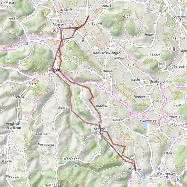 Miniature de la carte de l'inspiration cycliste "Boucle gravel et nature près de Wolhusen" dans la Zentralschweiz, Switzerland. Générée par le planificateur d'itinéraire cycliste Tarmacs.app