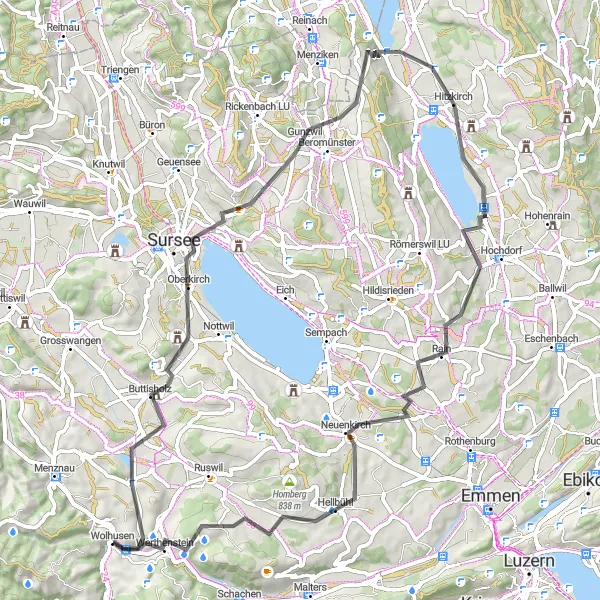 Miniatura della mappa di ispirazione al ciclismo "Giro in bicicletta attraverso Oberkirch e Neuenkirch" nella regione di Zentralschweiz, Switzerland. Generata da Tarmacs.app, pianificatore di rotte ciclistiche