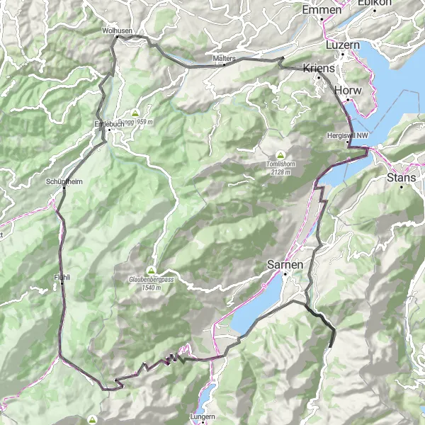 Miniatura della mappa di ispirazione al ciclismo "Da Wolhusen attraverso le montagne di Zentralschweiz" nella regione di Zentralschweiz, Switzerland. Generata da Tarmacs.app, pianificatore di rotte ciclistiche