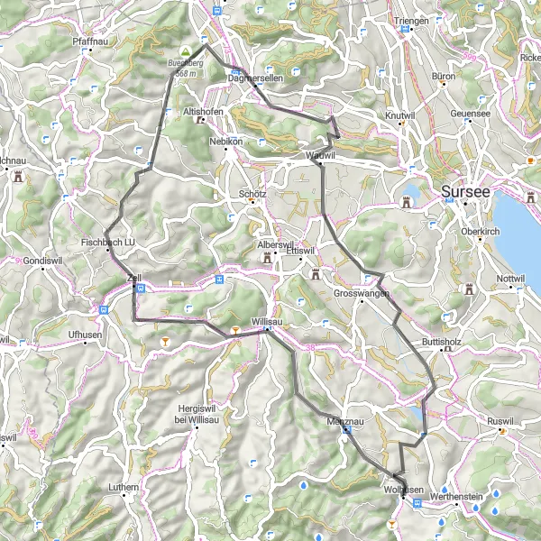 Map miniature of "The Willisau Loop - Scenic Road Cycling" cycling inspiration in Zentralschweiz, Switzerland. Generated by Tarmacs.app cycling route planner