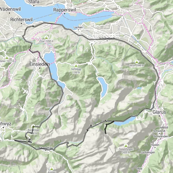 Mapa miniatúra "Challenging Road Cycling to Sihlsee" cyklistická inšpirácia v Zentralschweiz, Switzerland. Vygenerované cyklistickým plánovačom trás Tarmacs.app