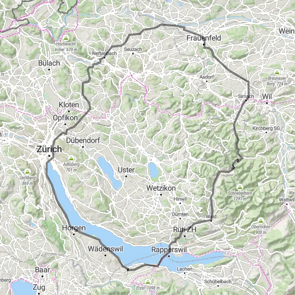 Miniatua del mapa de inspiración ciclista "Recorrido en bicicleta de carretera por Zurich y los alrededores" en Zentralschweiz, Switzerland. Generado por Tarmacs.app planificador de rutas ciclistas