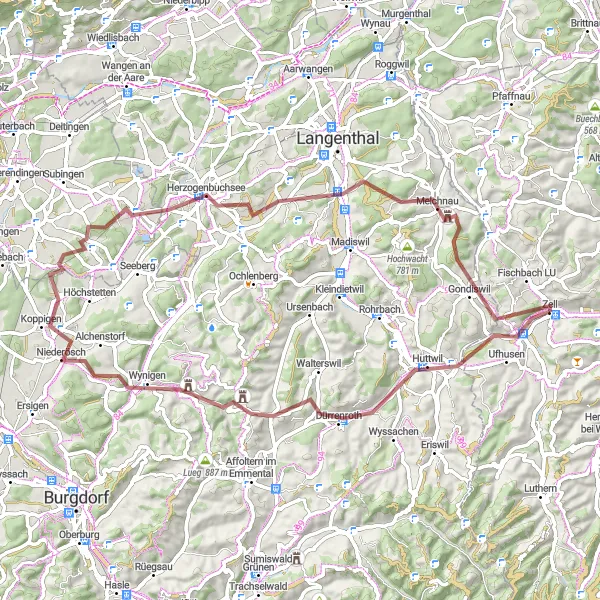 Miniatuurkaart van de fietsinspiratie "Uitdagende gravelroute van Zell naar Aeschi" in Zentralschweiz, Switzerland. Gemaakt door de Tarmacs.app fietsrouteplanner