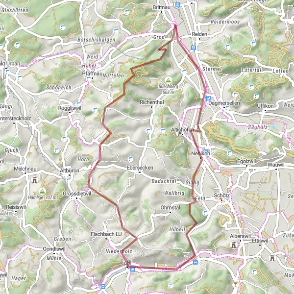 Miniatua del mapa de inspiración ciclista "Bucólica Ruta por Langnau bei Reiden" en Zentralschweiz, Switzerland. Generado por Tarmacs.app planificador de rutas ciclistas