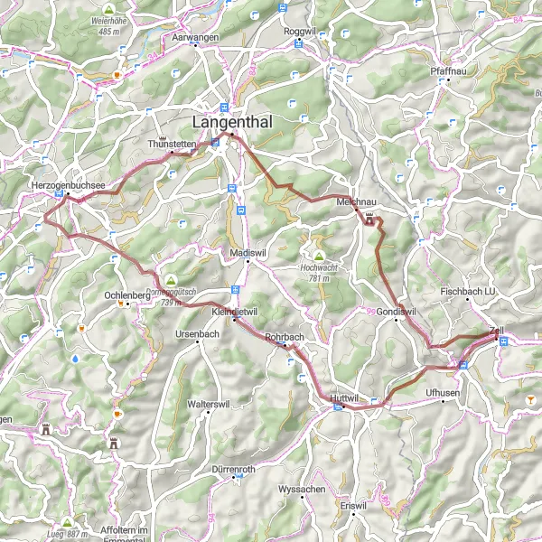 Miniaturní mapa "Gravel Bike Trail - Huttwil-Bettenhausen" inspirace pro cyklisty v oblasti Zentralschweiz, Switzerland. Vytvořeno pomocí plánovače tras Tarmacs.app