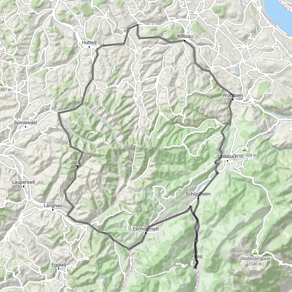 Miniaturní mapa "Silniční trasa Willisau-Kapfenberg" inspirace pro cyklisty v oblasti Zentralschweiz, Switzerland. Vytvořeno pomocí plánovače tras Tarmacs.app