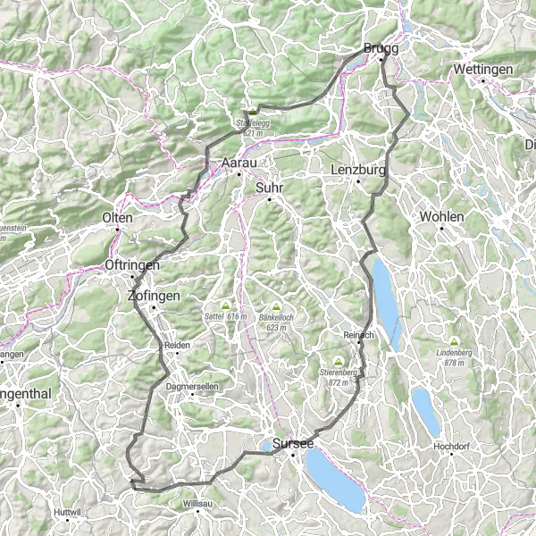 Miniatura della mappa di ispirazione al ciclismo "Tour delle colline di Argovia" nella regione di Zentralschweiz, Switzerland. Generata da Tarmacs.app, pianificatore di rotte ciclistiche