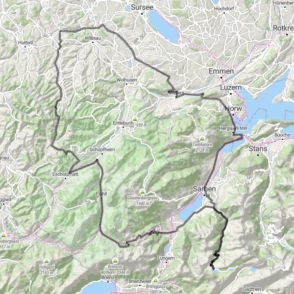 Miniaturekort af cykelinspirationen "Zell til Zell Road Cycling Route 2" i Zentralschweiz, Switzerland. Genereret af Tarmacs.app cykelruteplanlægger