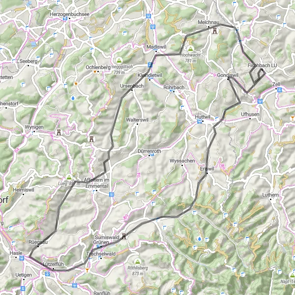 Mapa miniatúra "Cyklotúra cez Trachselwald" cyklistická inšpirácia v Zentralschweiz, Switzerland. Vygenerované cyklistickým plánovačom trás Tarmacs.app