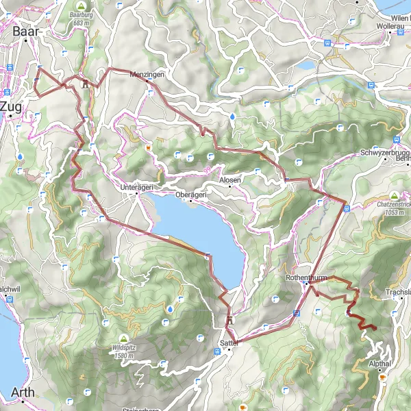 Miniatua del mapa de inspiración ciclista "Ruta de grava a Menzingen, Rothenthurm y Ägerisee" en Zentralschweiz, Switzerland. Generado por Tarmacs.app planificador de rutas ciclistas