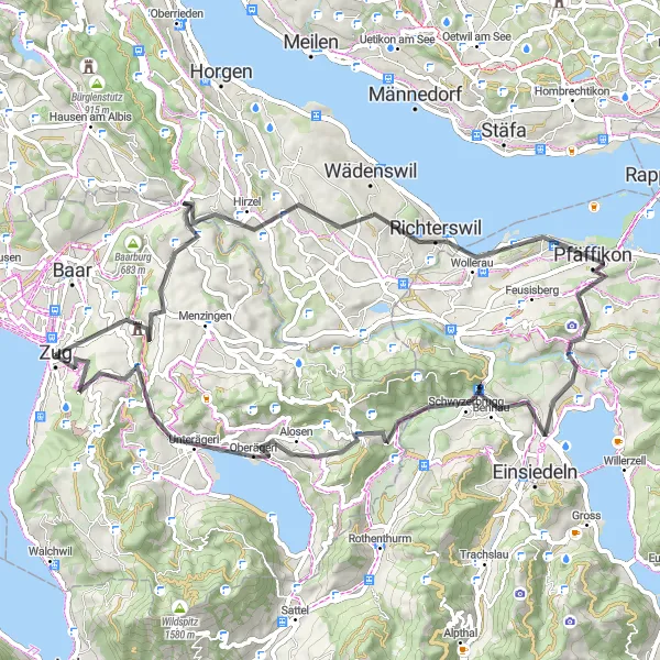 Zemljevid v pomanjšavi "Cestni krog od Zuga do Allenwindena" kolesarske inspiracije v Zentralschweiz, Switzerland. Generirano z načrtovalcem kolesarskih poti Tarmacs.app