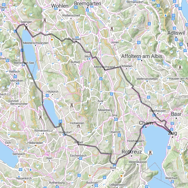 Kartminiatyr av "Zug til Zug Road Cycling Adventure via Gisikon og Neustadt" sykkelinspirasjon i Zentralschweiz, Switzerland. Generert av Tarmacs.app sykkelrutoplanlegger